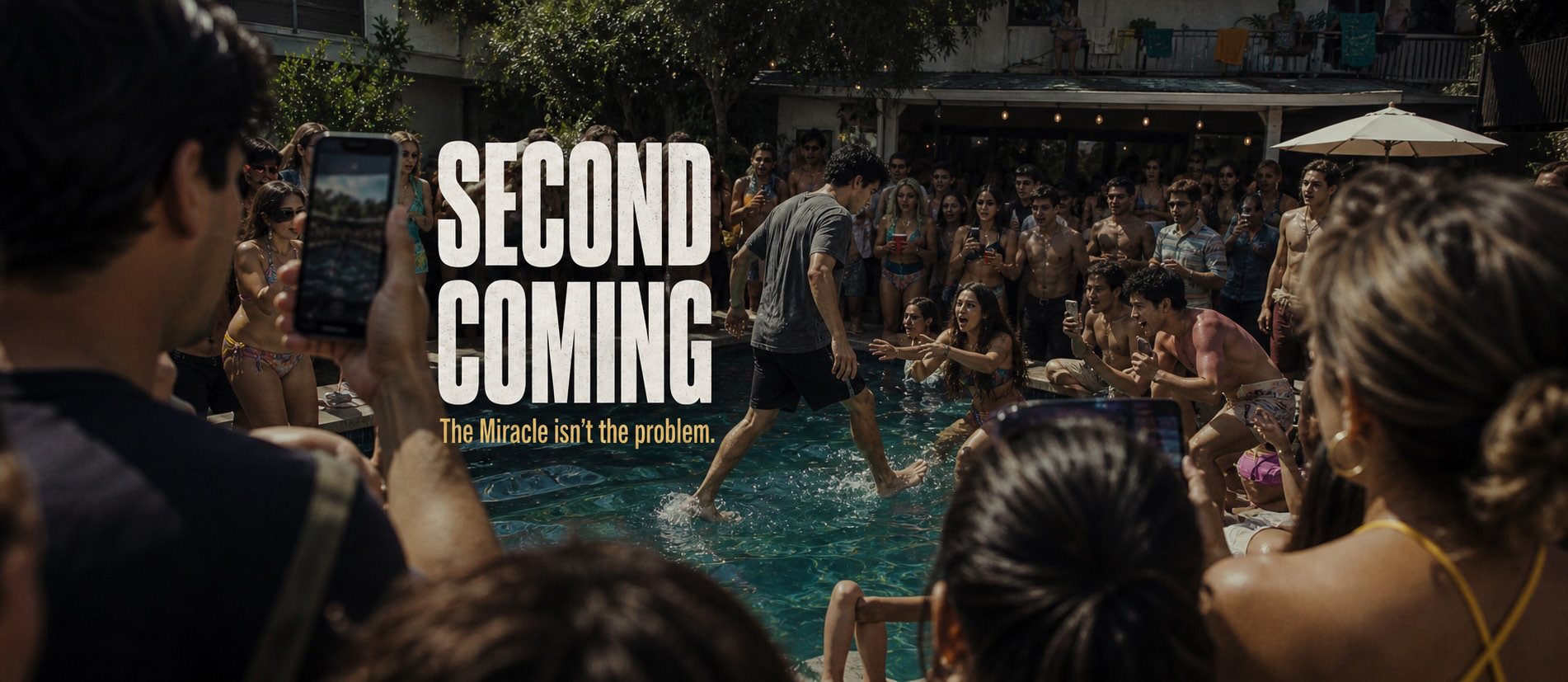Second Coming — The Miracle isn’t the problem. A young man walks across a swimming pool as onlookers film.